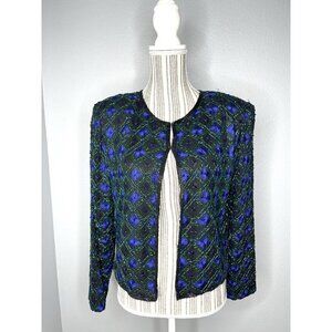 Lawrence Kazar Cardigan Beaded Sequin Vintage 80s Silk Womens Large Purple
